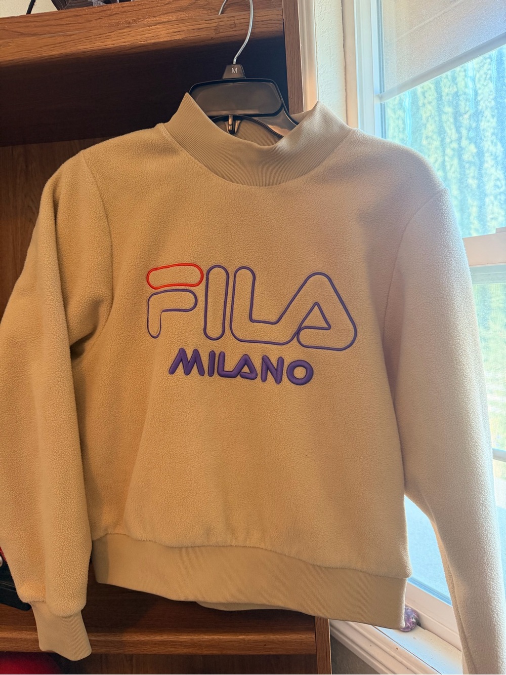 FILA Men's Cream Crewneck Sweater with Purple Logo and Red Accent